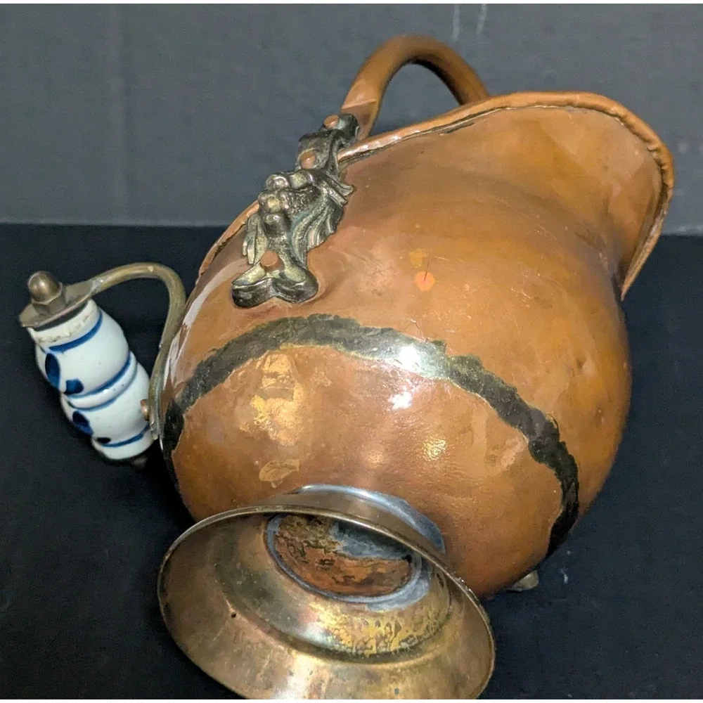 Vintage MCM Copper & Brass Coal Scuttle Lion Mounts Delft-Style Ceramic Handle